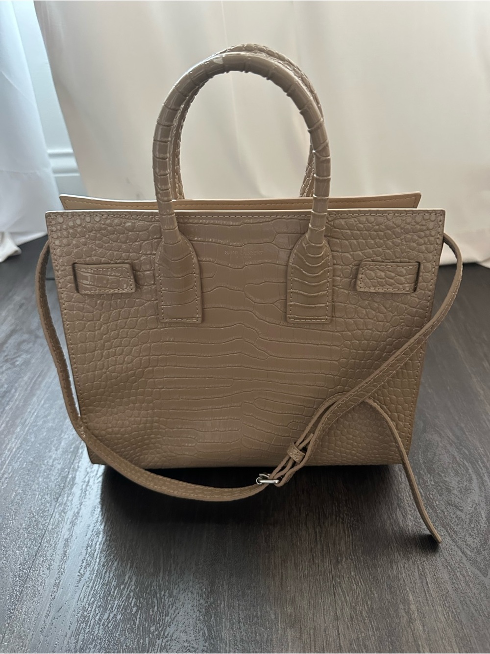 Saint Laurent Croc-Embossed Taupe Top-Handle Tote